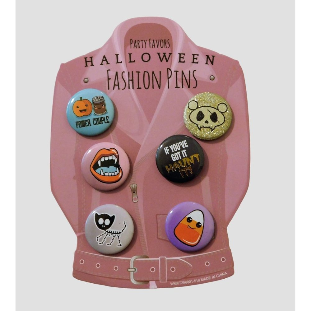 Halloween Fashion Pins Set of 6 Fangs Candy Corn Lapel Hat Metal 1 in Round - Picture 1 of 5